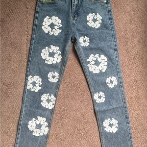 Stylish Blue Jeans with White Floral Design